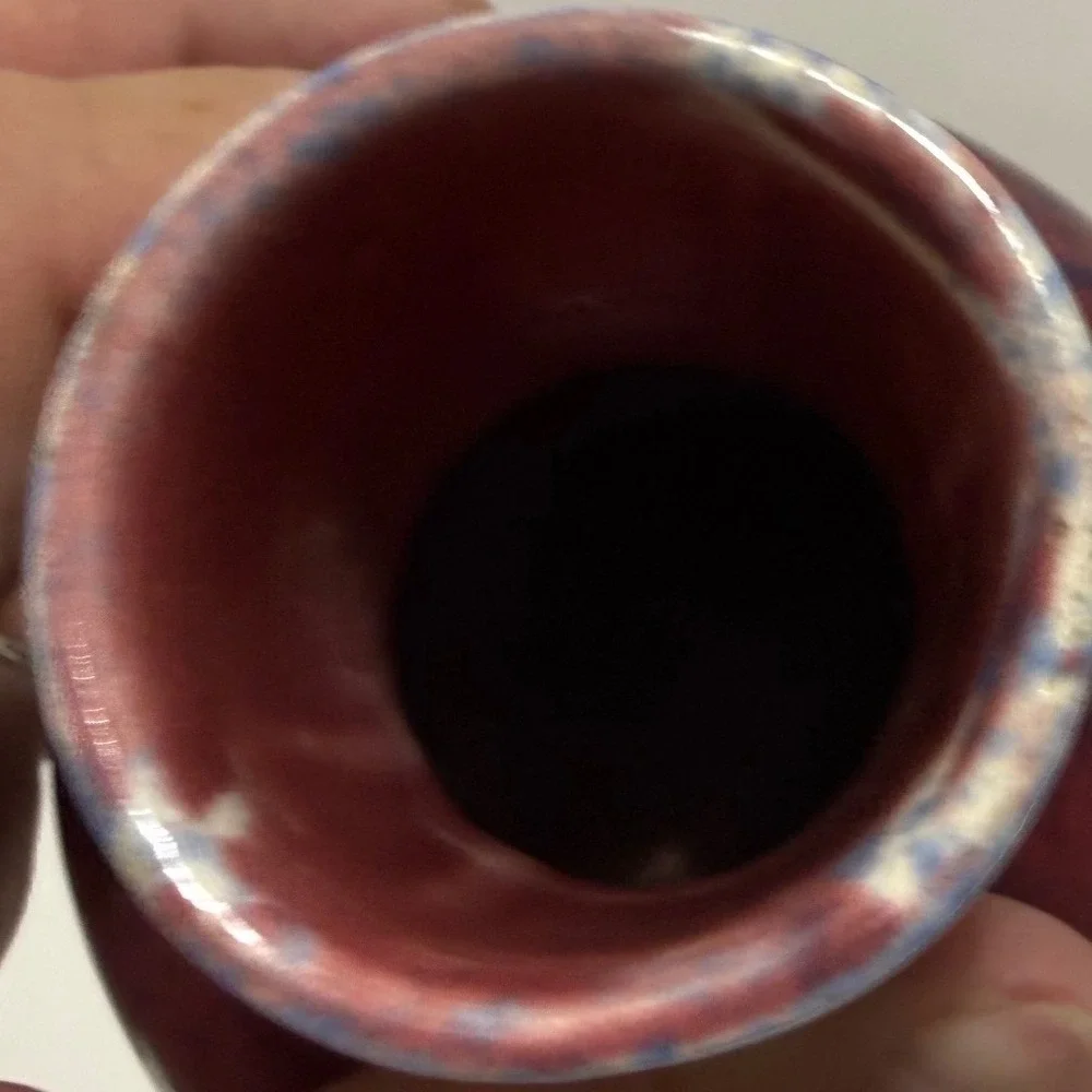 Vintage Studio Pottery Vase Oxblood Red Blue Mottled Glaze Bulbous Pottery MCM